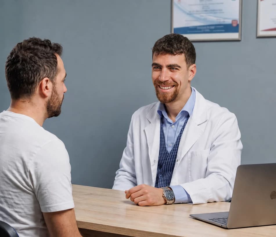 Il colloquio: osteopata e paziente seduti uno di fronte all’altro nello studio