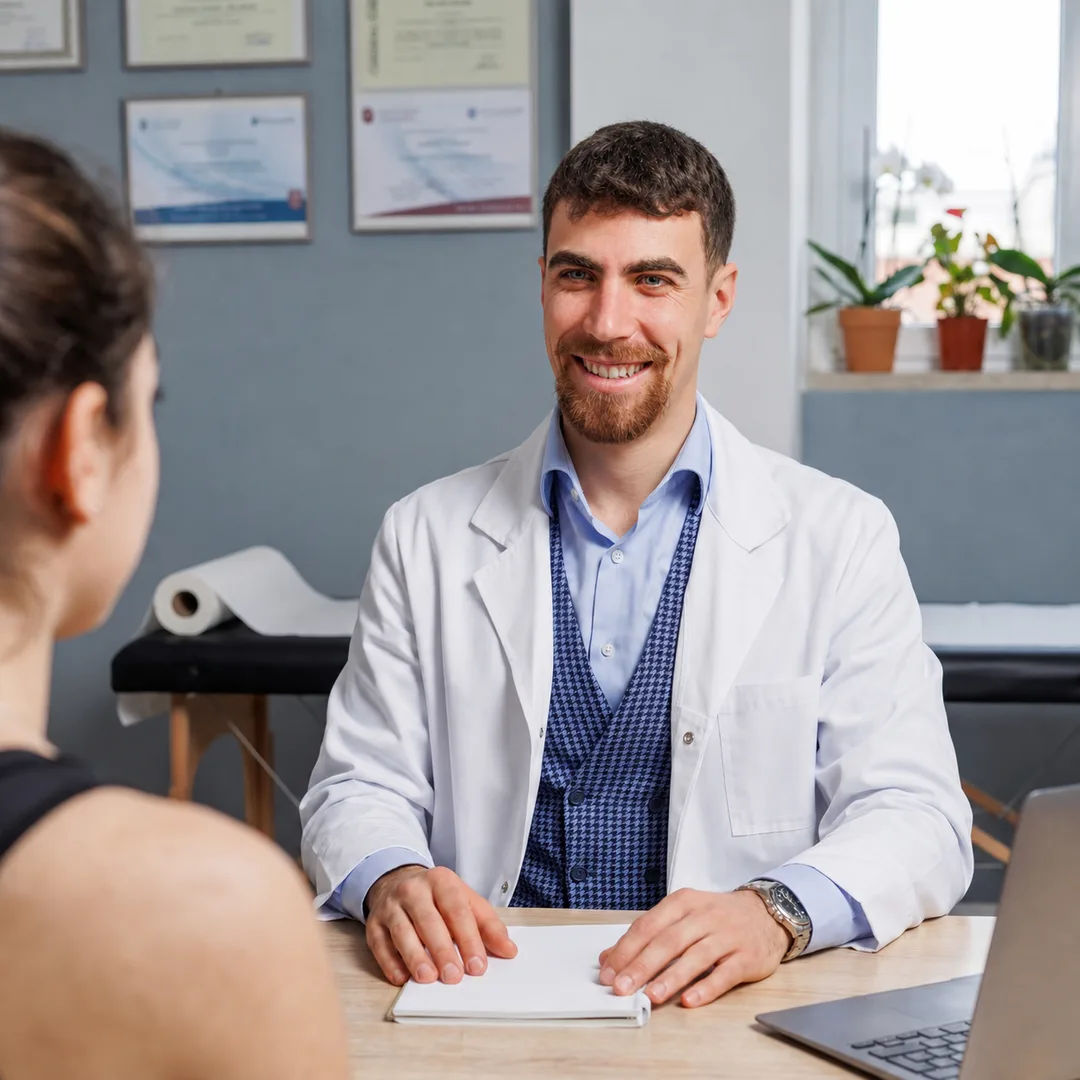 L’osteopata ascolta una paziente seduta davanti a lui, alla scrivania dello studio