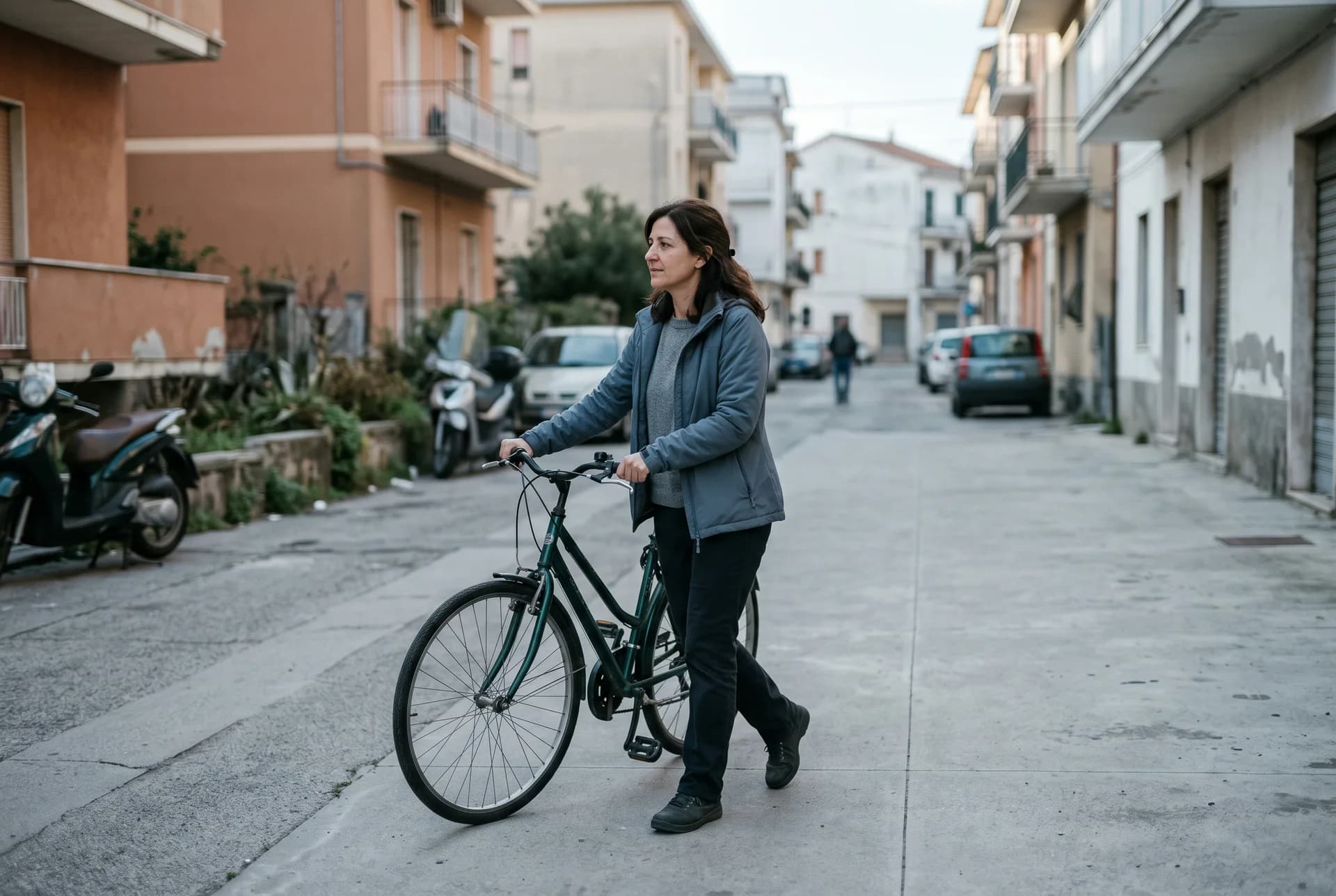 Una strada abitata di Ostia: una donna cammina spingendo la bicicletta