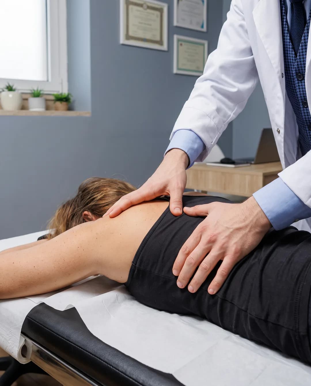Le mani dell’osteopata al lavoro sulla schiena di una paziente, nello studio