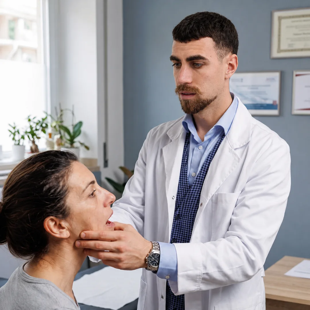L’osteopata valuta la mandibola di una paziente seduta, mano sotto il mento