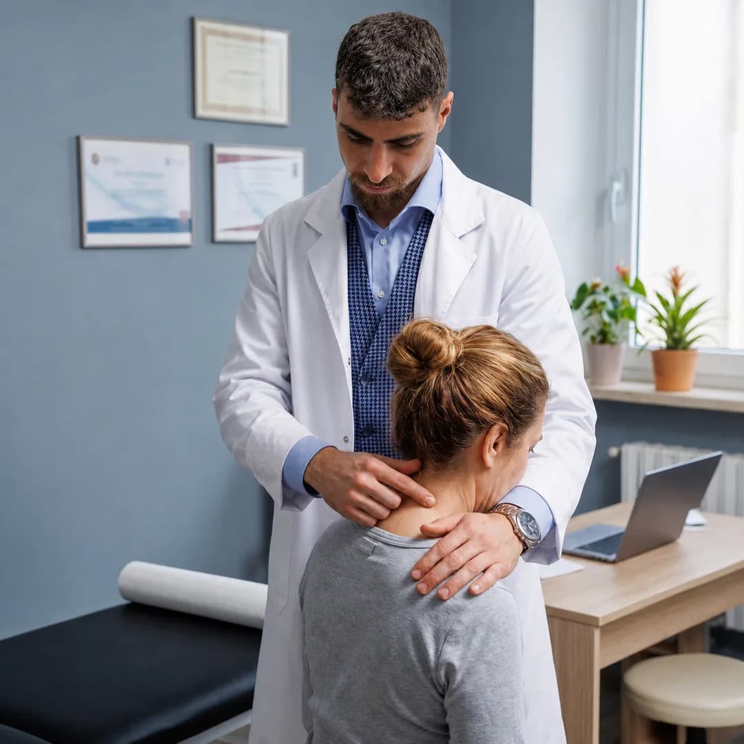 L’osteopata valuta collo e spalle di una paziente seduta, nello studio