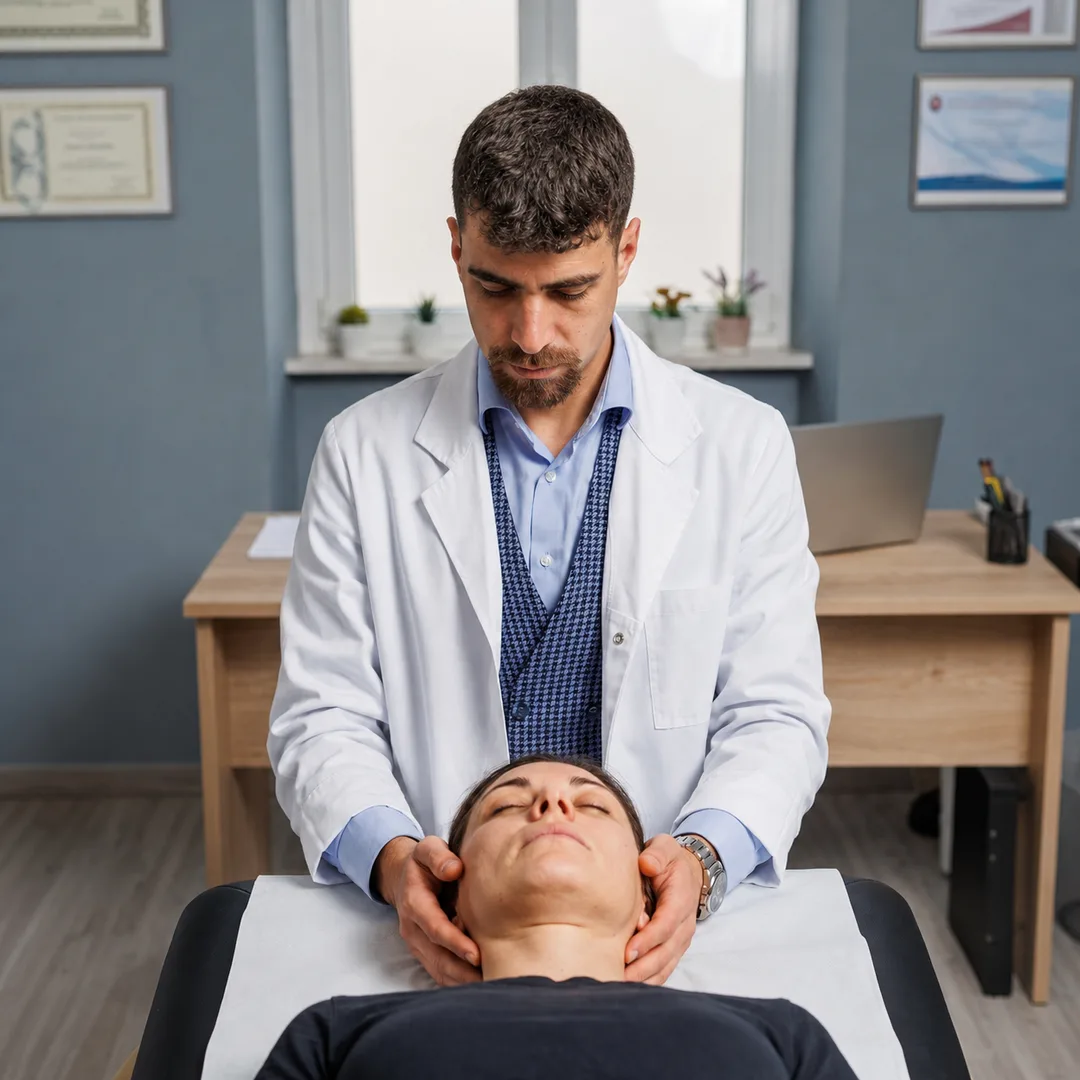 L’osteopata sostiene il capo di una paziente distesa sul lettino, mani alla base del cranio