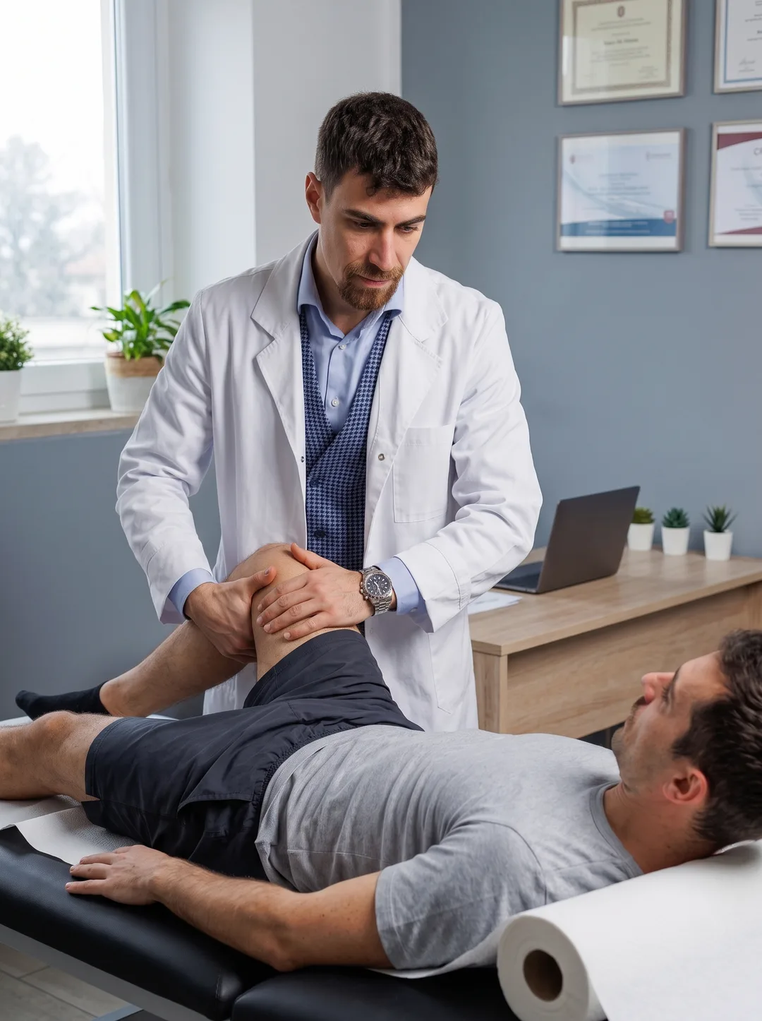 L’osteopata valuta il ginocchio di uno sportivo disteso sul lettino