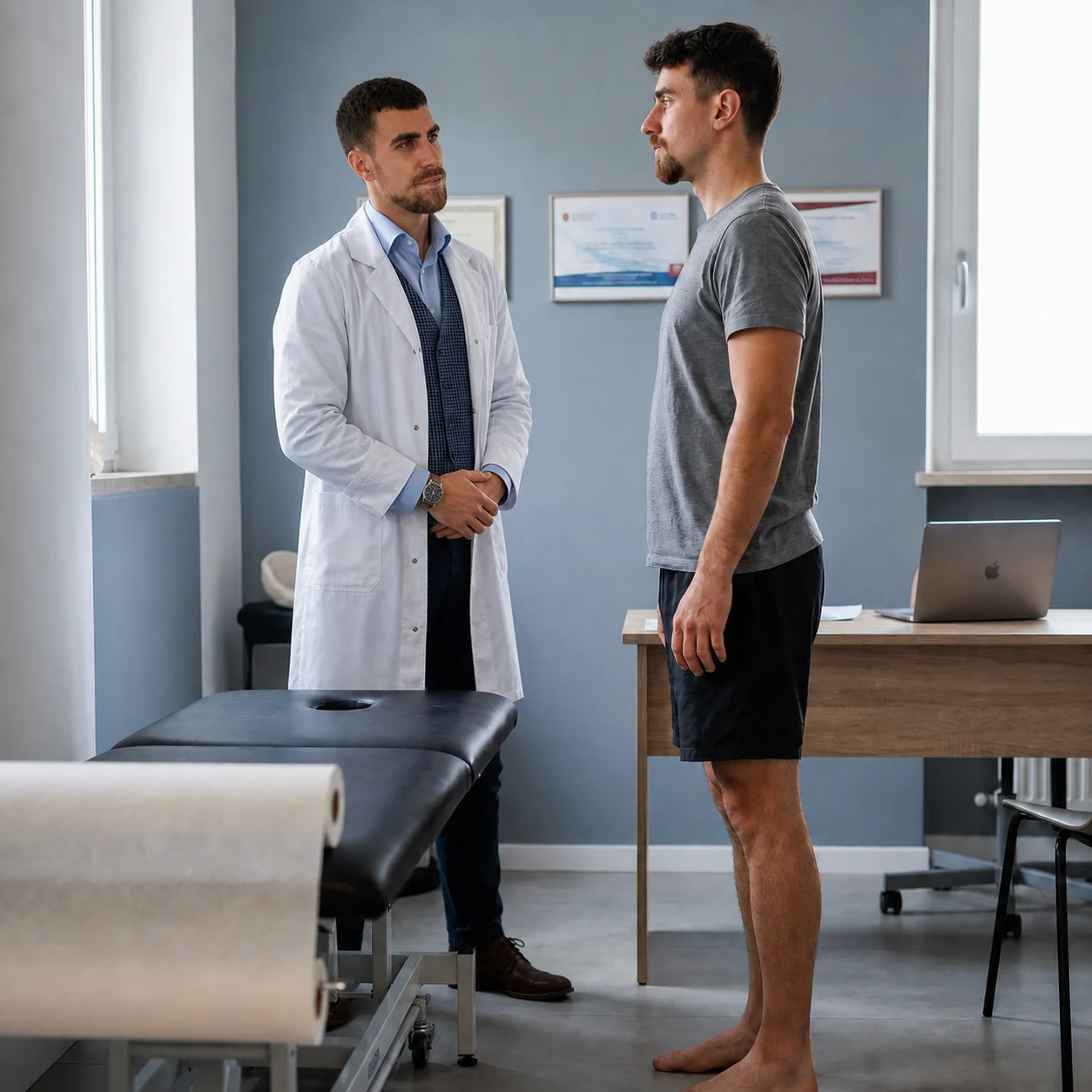 Il congedo: osteopata e paziente in piedi nello studio, si tirano le somme